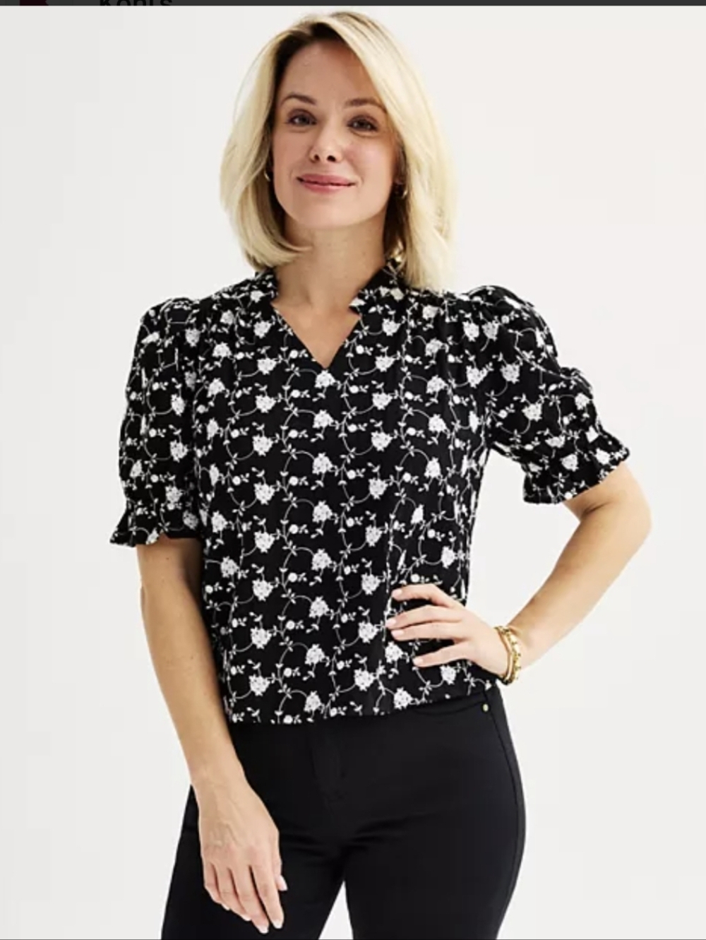Draper James Black Floral Embroidered Puff-Sleeve V-Neck Blouse Size XXL
